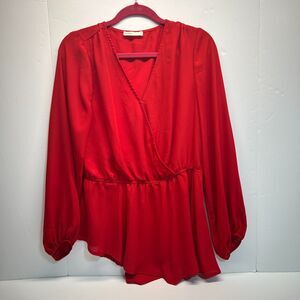 Intempo Women's Blouse Faux Wrap Surplice Elastic Waist Red, Sz L
